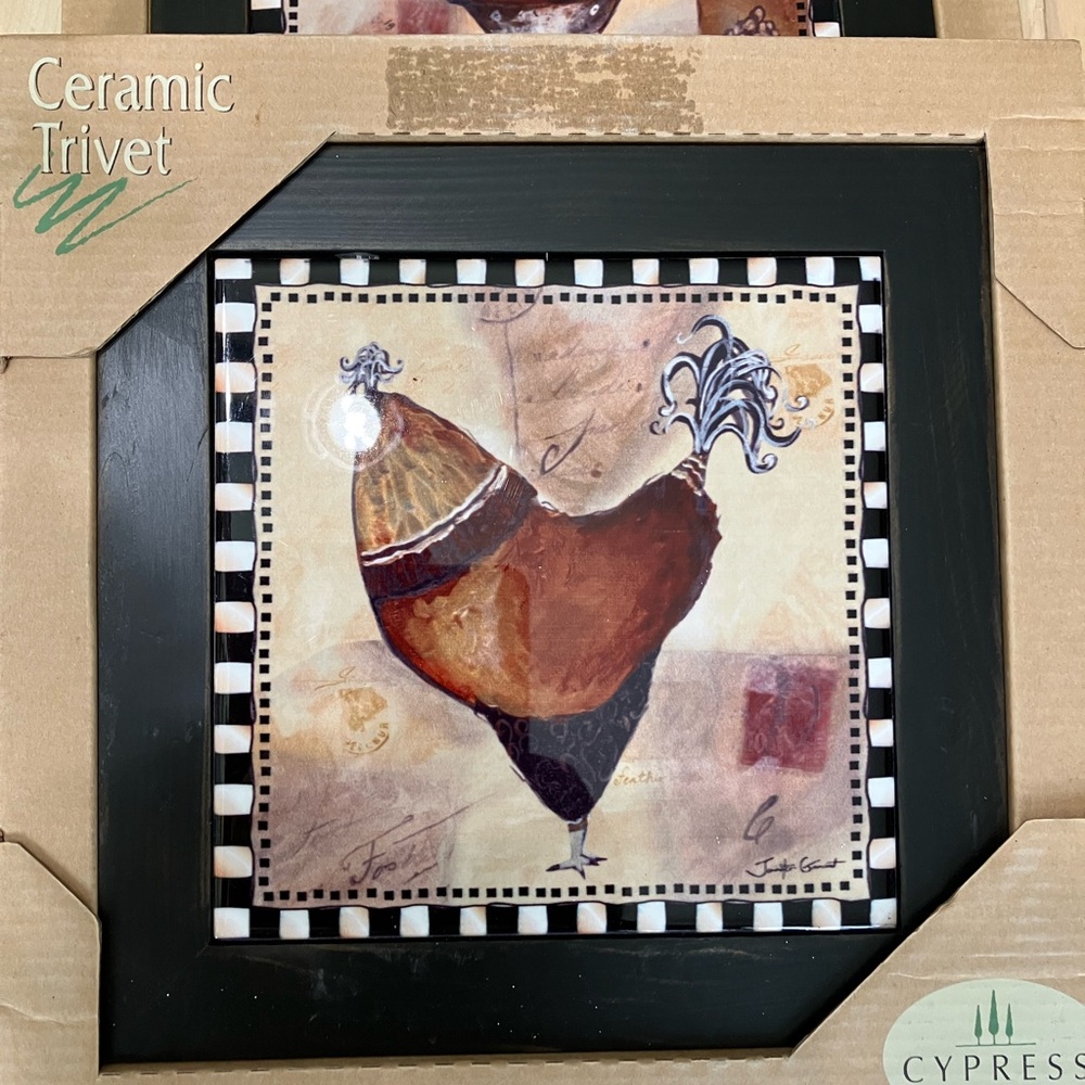 NWT Set of Two Jennifer Garant Framed French Rooster Ceramic Tile